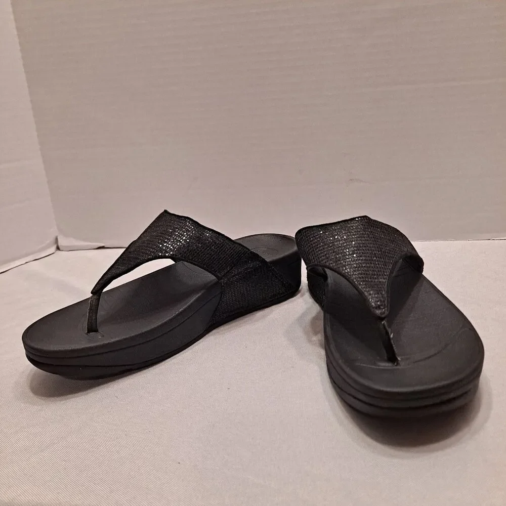 Fitflop Women's Lulu Thong Sandals Size 8 Black Glitter Wedge Platform Shoes